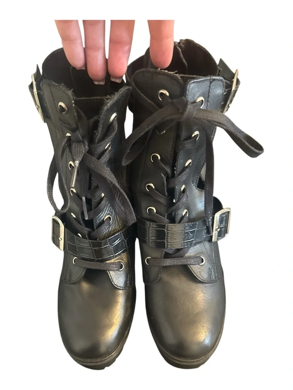 Steve Madden Black Lace-Up Heeled Ankle Boots with Buckles - Picture 2 of 7